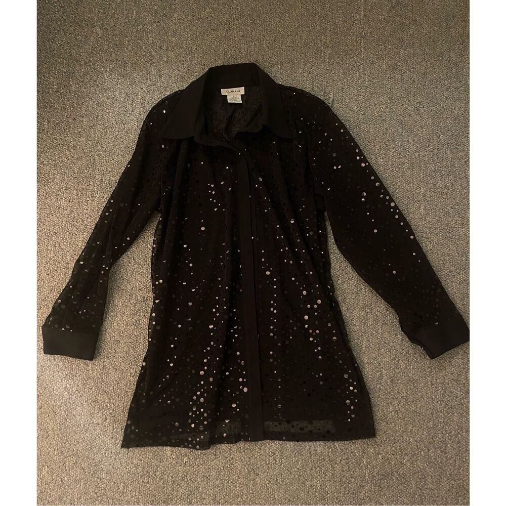 Vintage CLARA S Women's Black Sequin Sheer Mesh Long‎ Sleeve Blouse L